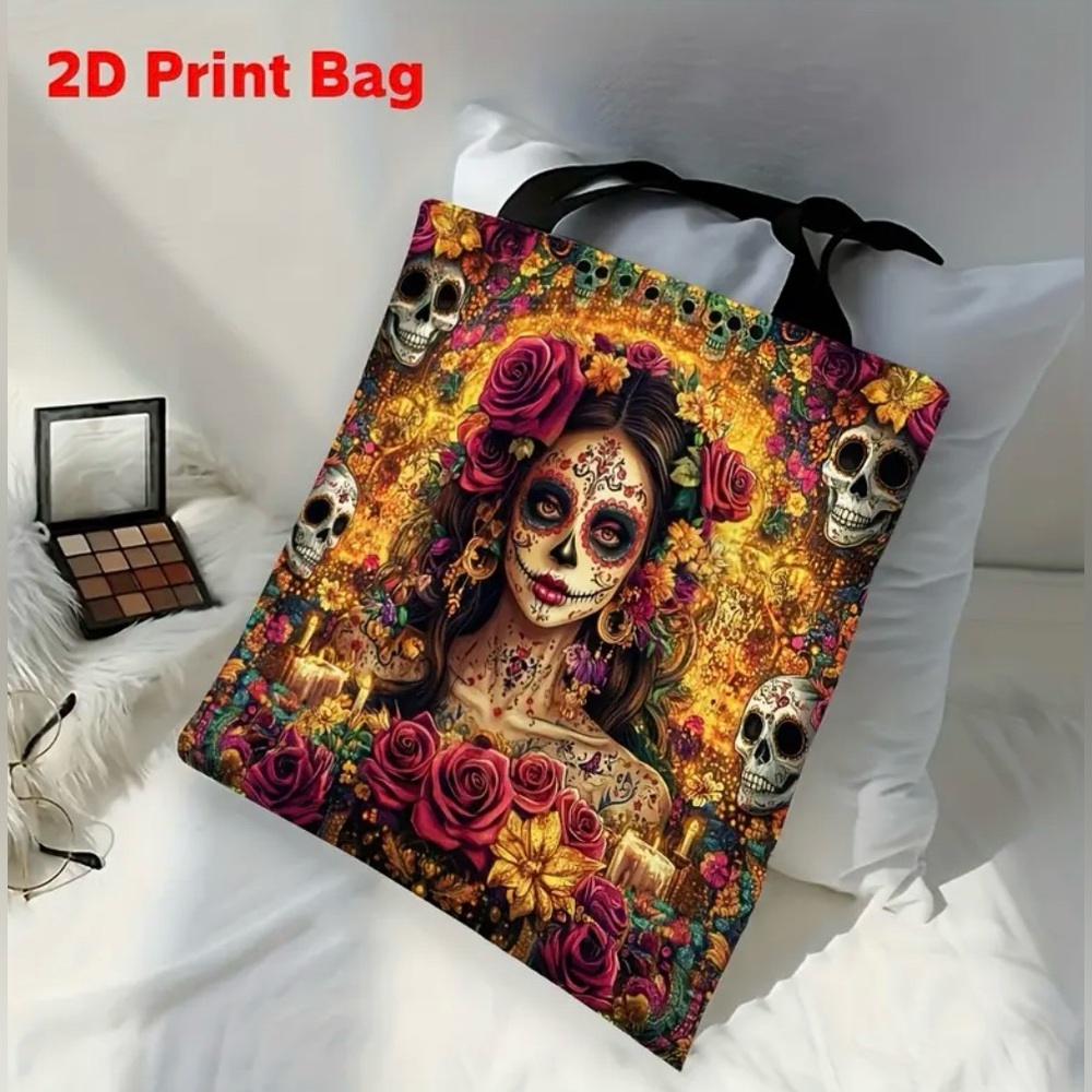 Day of the Dead Skull Girl Floral Print Reusable Shoulder Tote Bag New - Picture 2 of 5